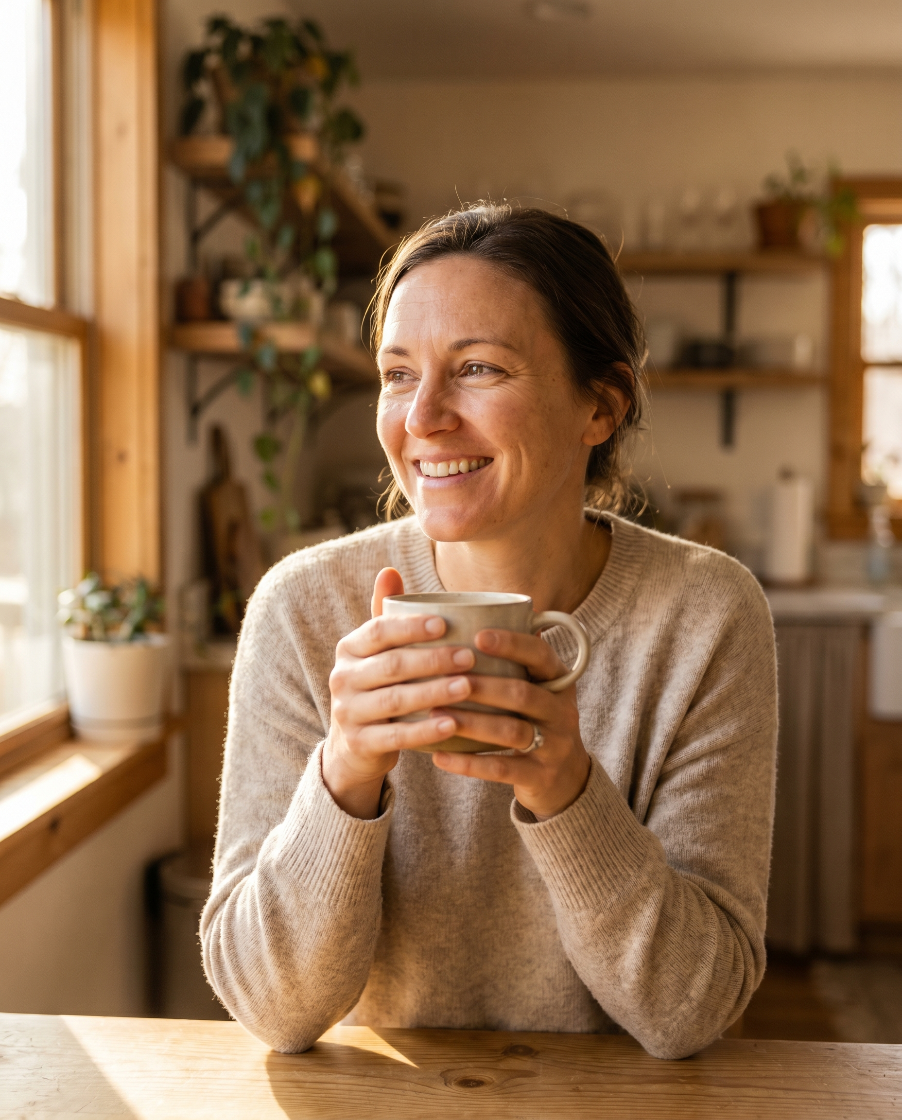 Woman smiling with a cup of coffee