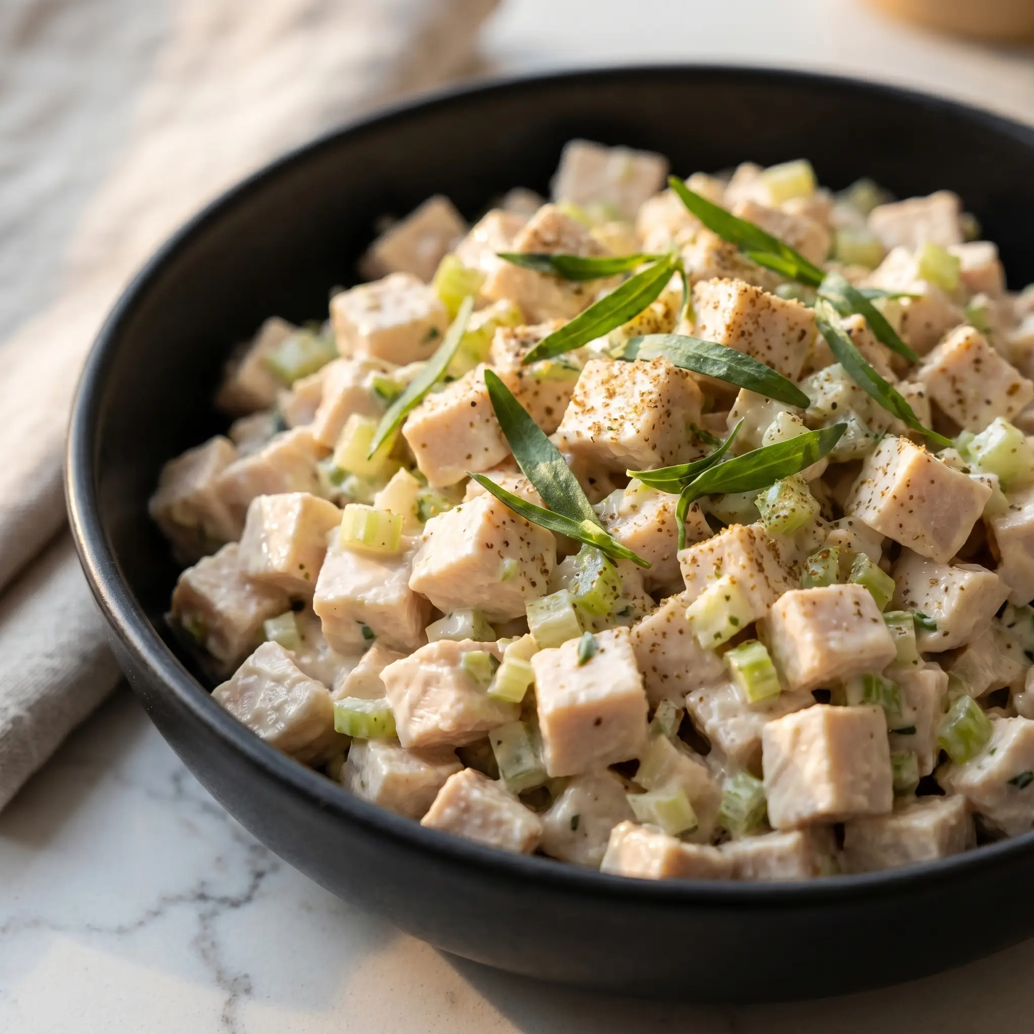 Anthony Bourdain's chicken salad — finely diced chicken, celery, tarragon, and mayonnaise in a matte black ceramic bowl