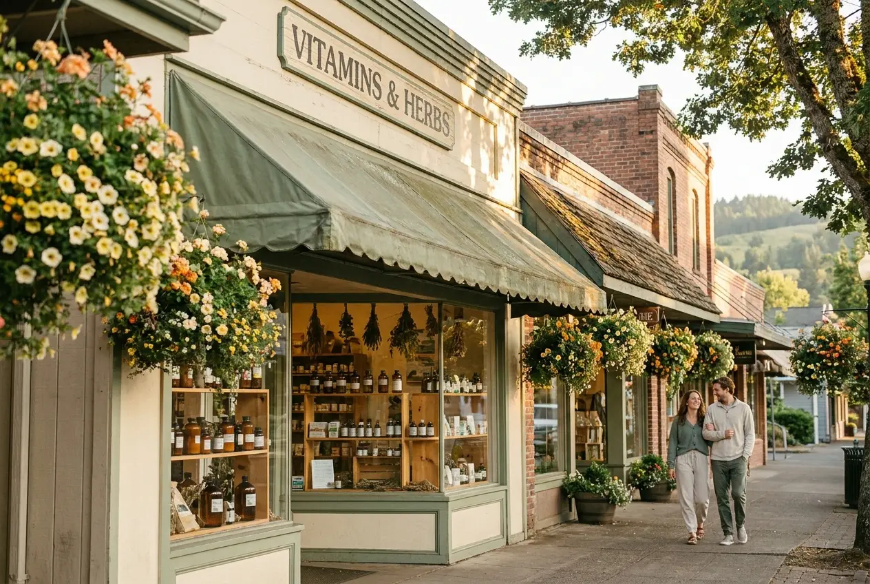A welcoming independent health and vitamin shop on a small-town Oregon main street at golden hour