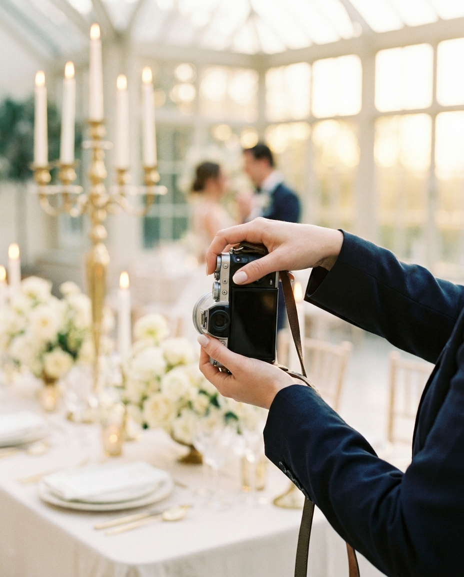Wedding photographer capturing a couple at an elegant reception