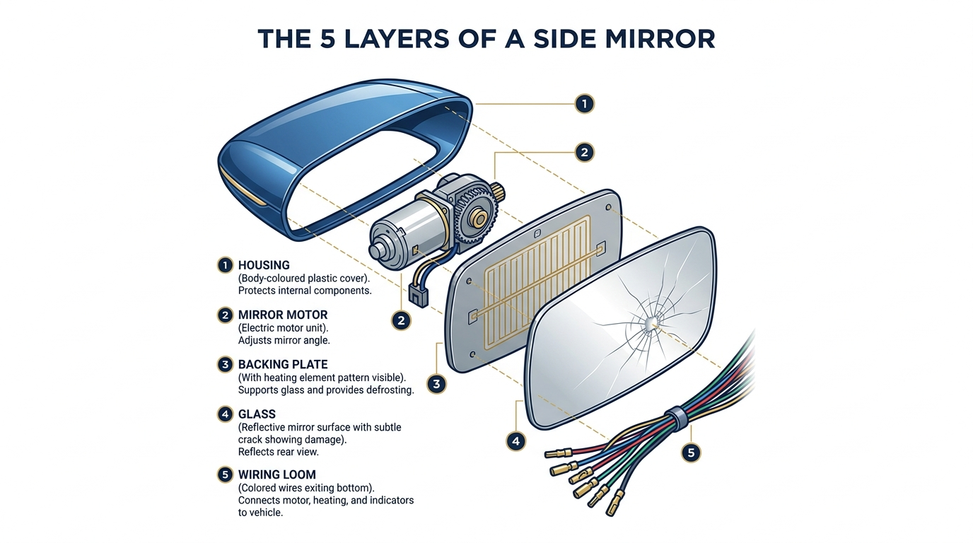 Exploded diagram of a side mirror showing 5 labeled layers: housing, mirror motor, backing plate, glass, wiring loom
