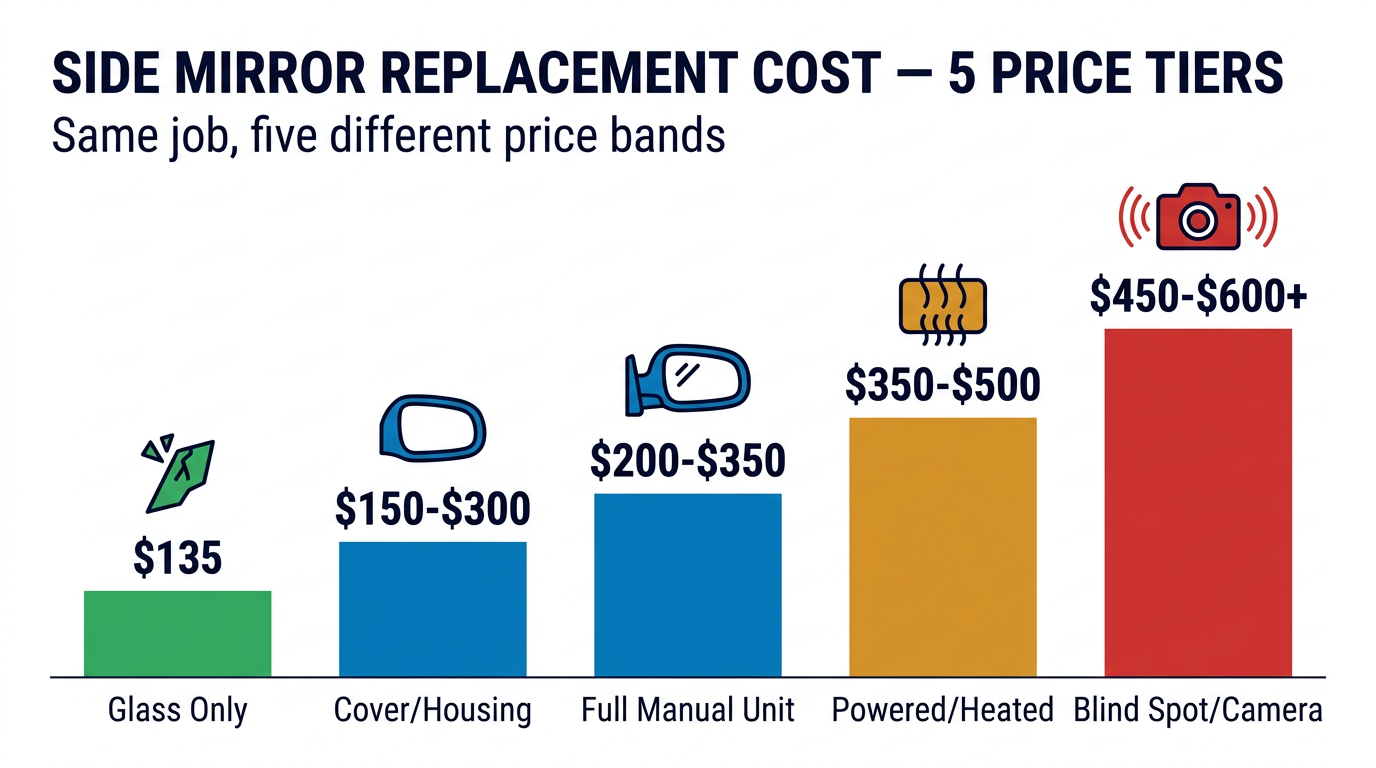 Bar-chart infographic: 5 price tiers for side mirror replacement in Australia — Glass Only $135, Cover/Housing $150-$300, Full Manual $200-$350, Powered/Heated $350-$500, Blind Spot/Camera $450-$600+