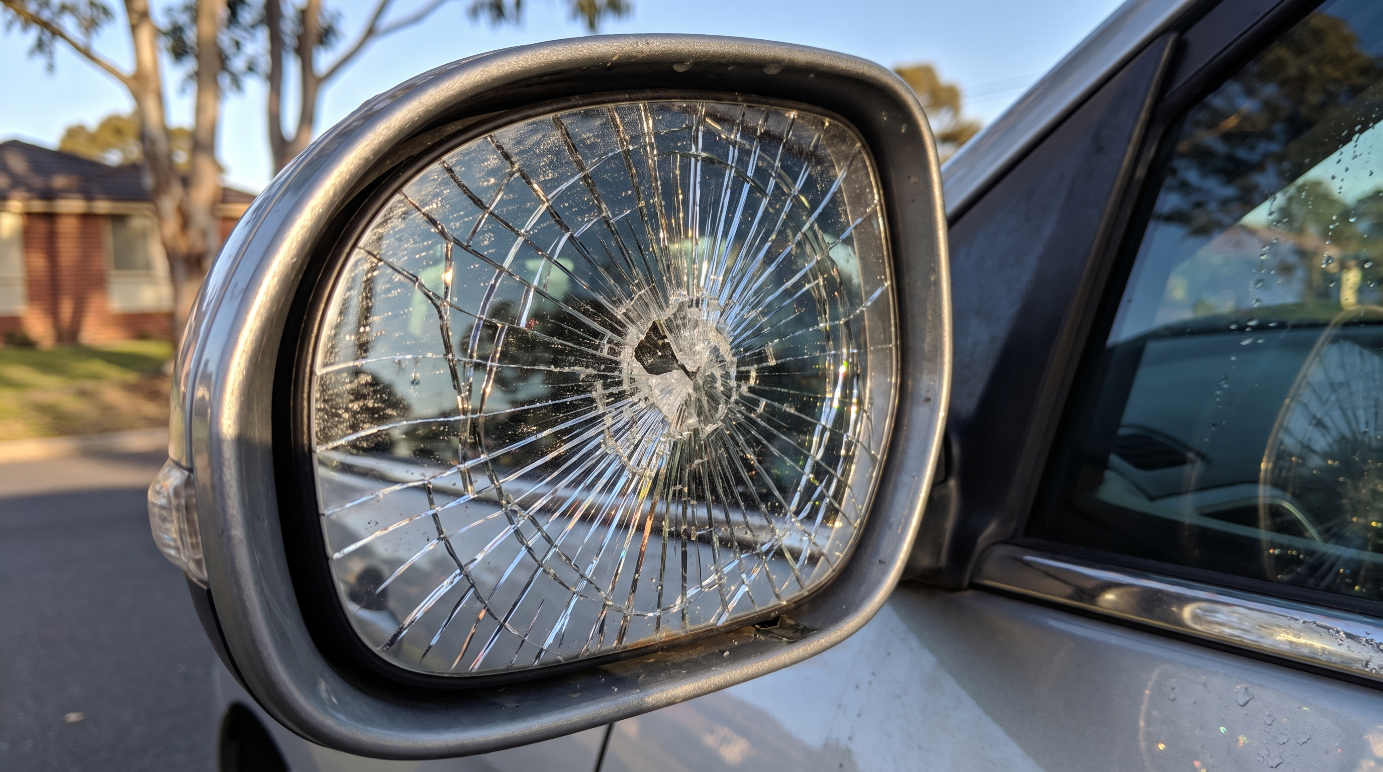 Cracked side mirror on an Australian silver car — spider-web crack pattern from an impact
