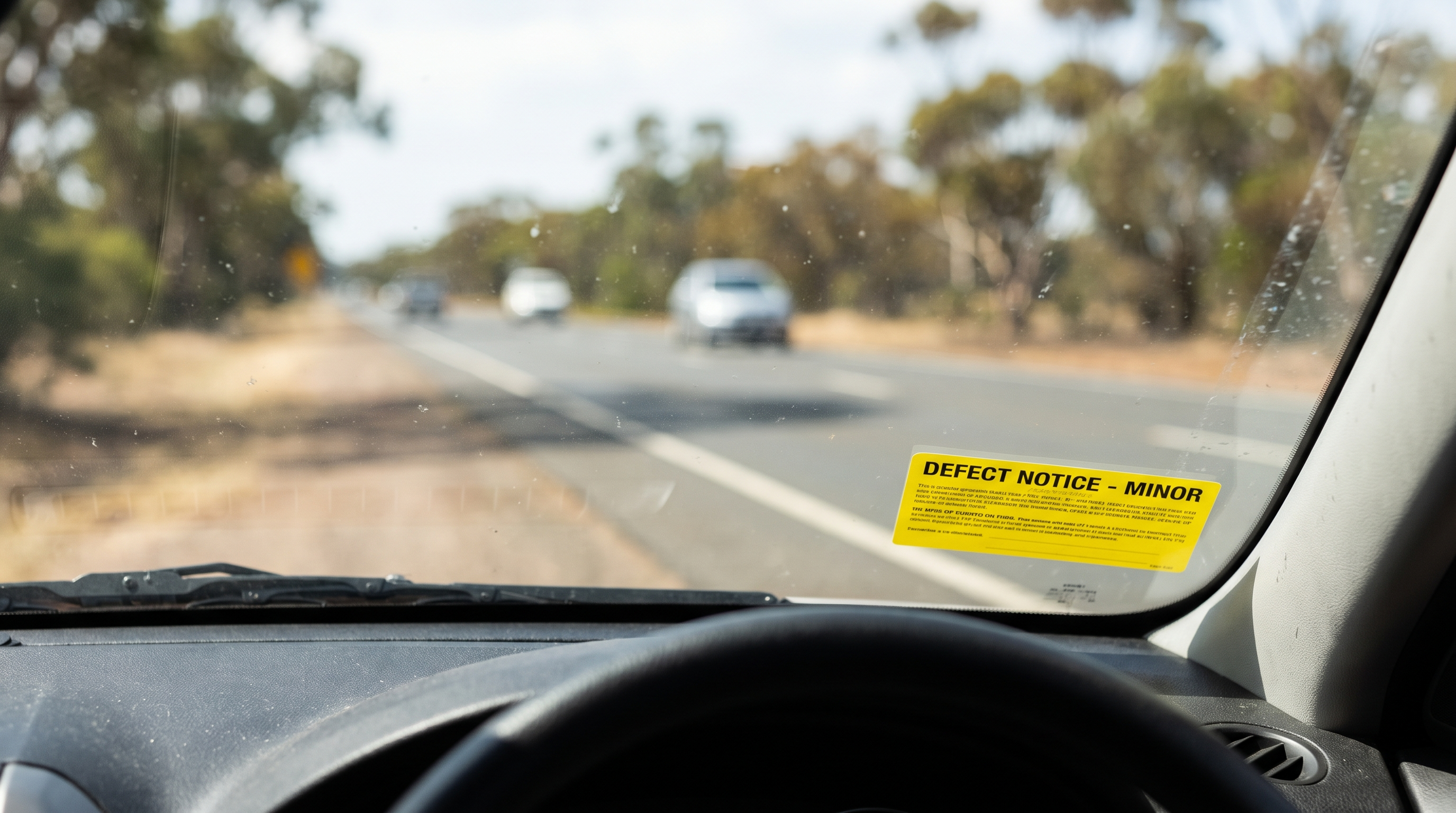 Cracked side mirror defect notice sticker on an Australian car windscreen