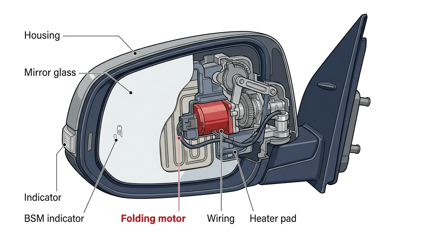 Cutaway diagram of a car electric folding side mirror showing the internal folding motor, housing, glass, wiring, heater pad, blind-spot indicator and turn signal