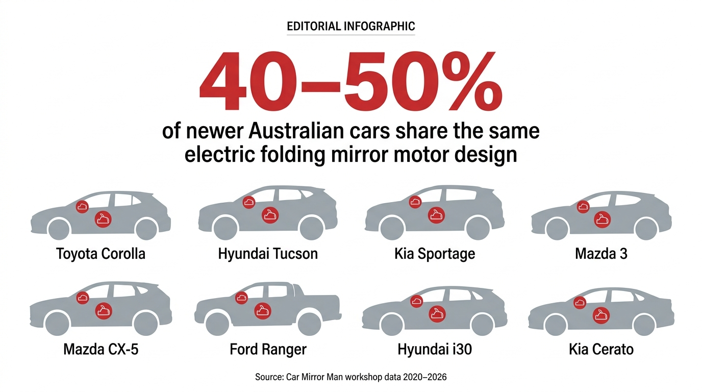 Infographic showing 40 to 50 percent of newer Australian cars share the same electric folding mirror motor design — including Toyota Corolla, Hyundai Tucson, Kia Sportage, Mazda 3, Mazda CX-5, Ford Ranger, Hyundai i30 and Kia Cerato
