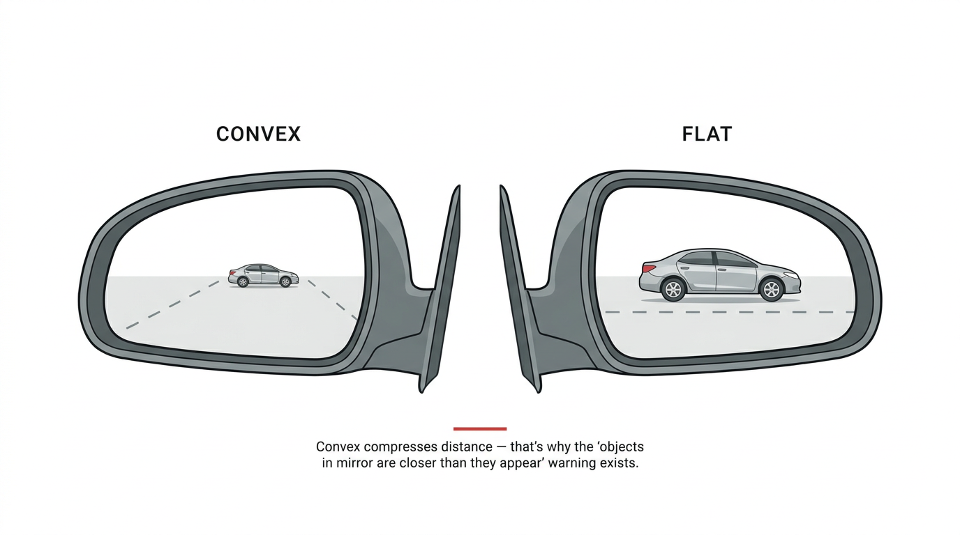 Convex vs flat mirror showing distance distortion — objects appear smaller and further away in convex