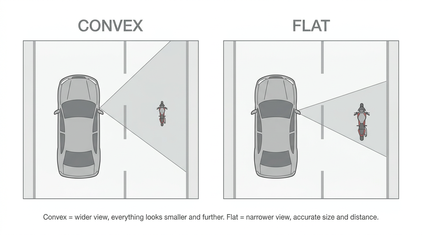 Birds-eye field-of-view comparison between convex and flat side mirrors showing motorcycle blind-spot visibility