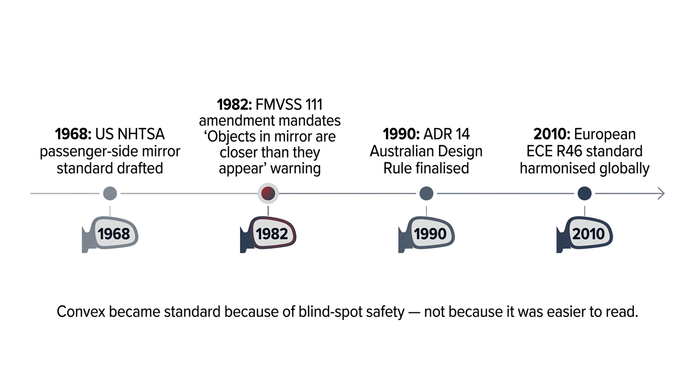 Timeline of car side mirror curvature regulations 1968 to 2010 including US NHTSA 1982 objects in mirror rule