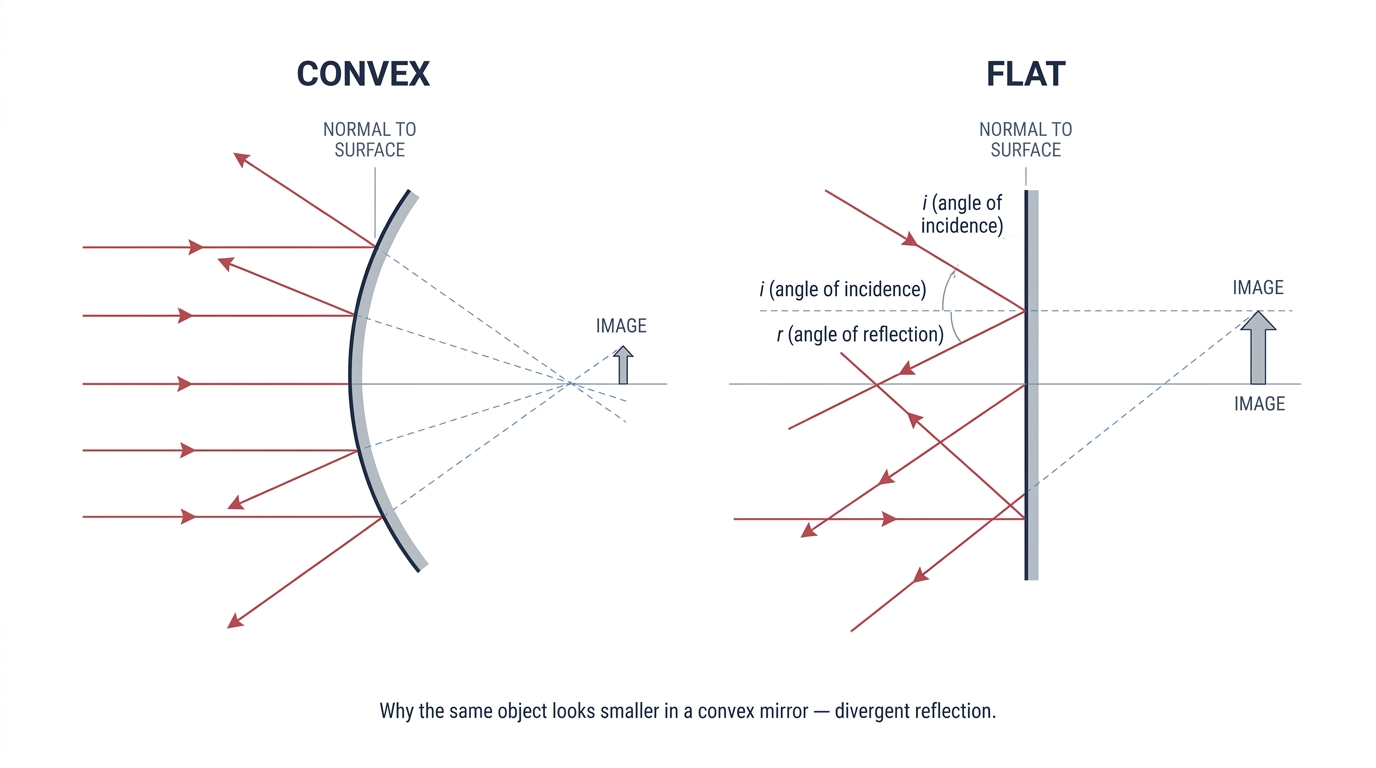Light-ray physics diagram comparing convex and flat mirror reflection showing why convex makes objects appear smaller