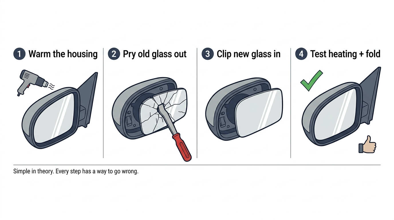 4-step diagram showing how to replace a car side mirror glass insert: warm housing, pry old glass out, clip new glass in, test heating and fold
