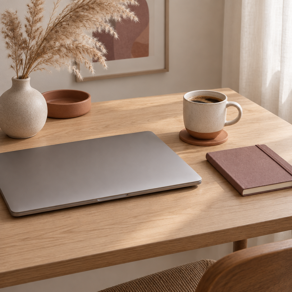 Laptop and coffee on an oak table