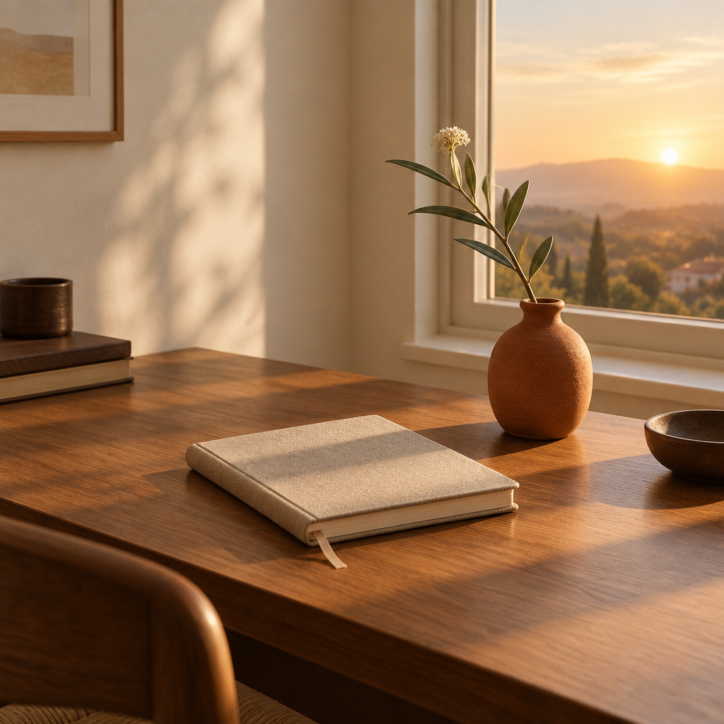 Sunlit desk with a linen journal