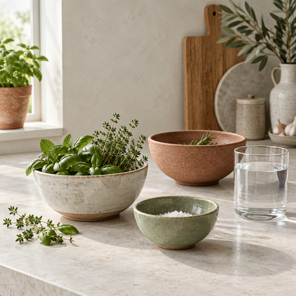 Ceramic bowls and fresh herbs