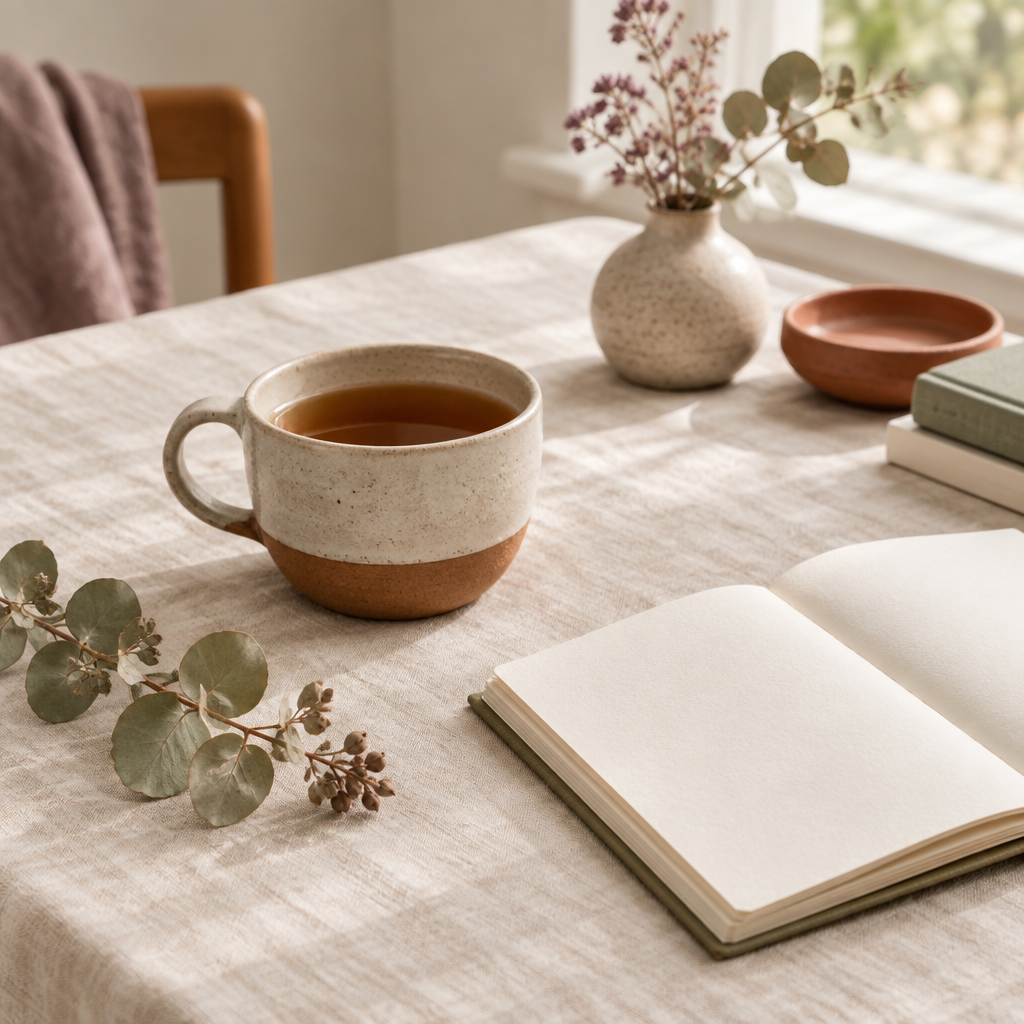 Cup of tea beside an open notebook