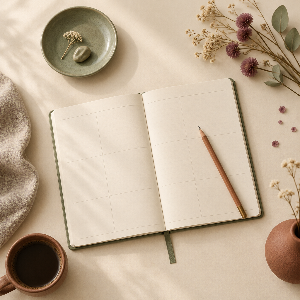 Open planner with dried flowers