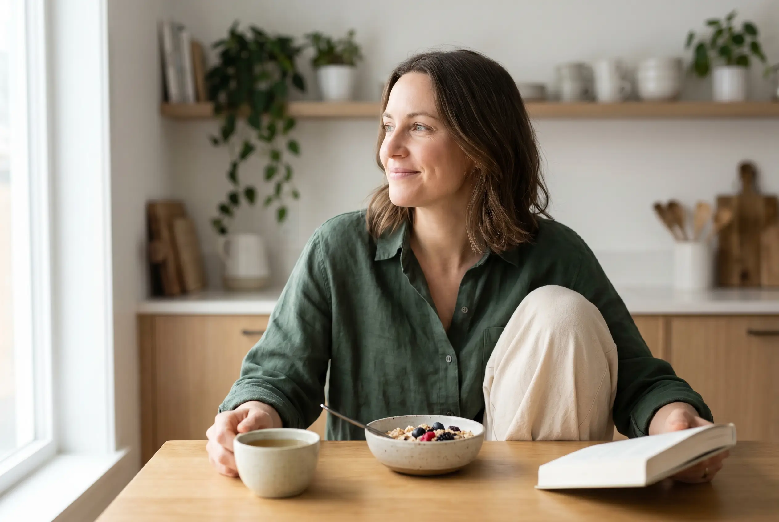 A calm woman at ease with food at her kitchen table