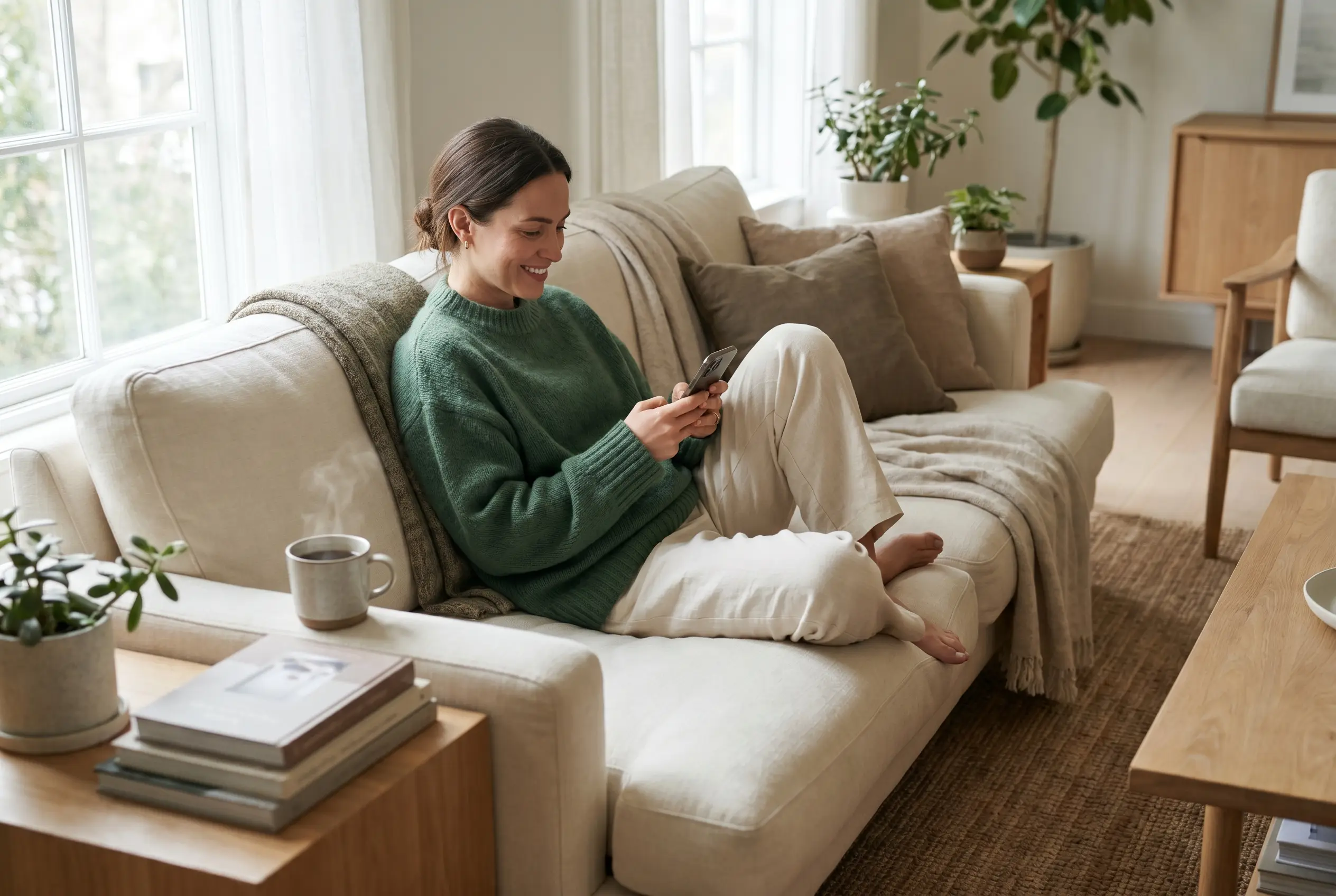 A woman at home feeling supported by her care team