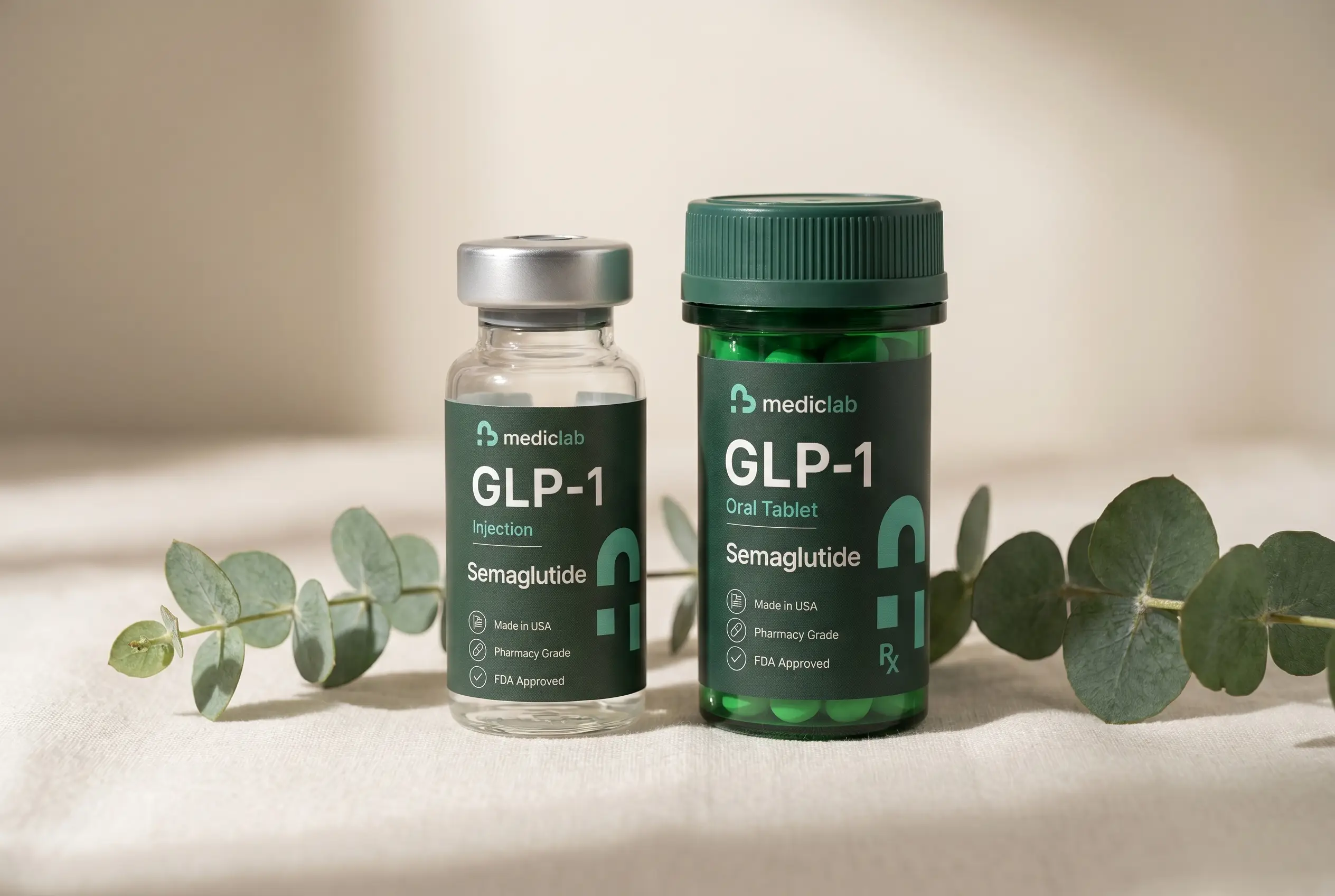 MedicLab GLP-1 injection vial beside the oral tablet bottle
