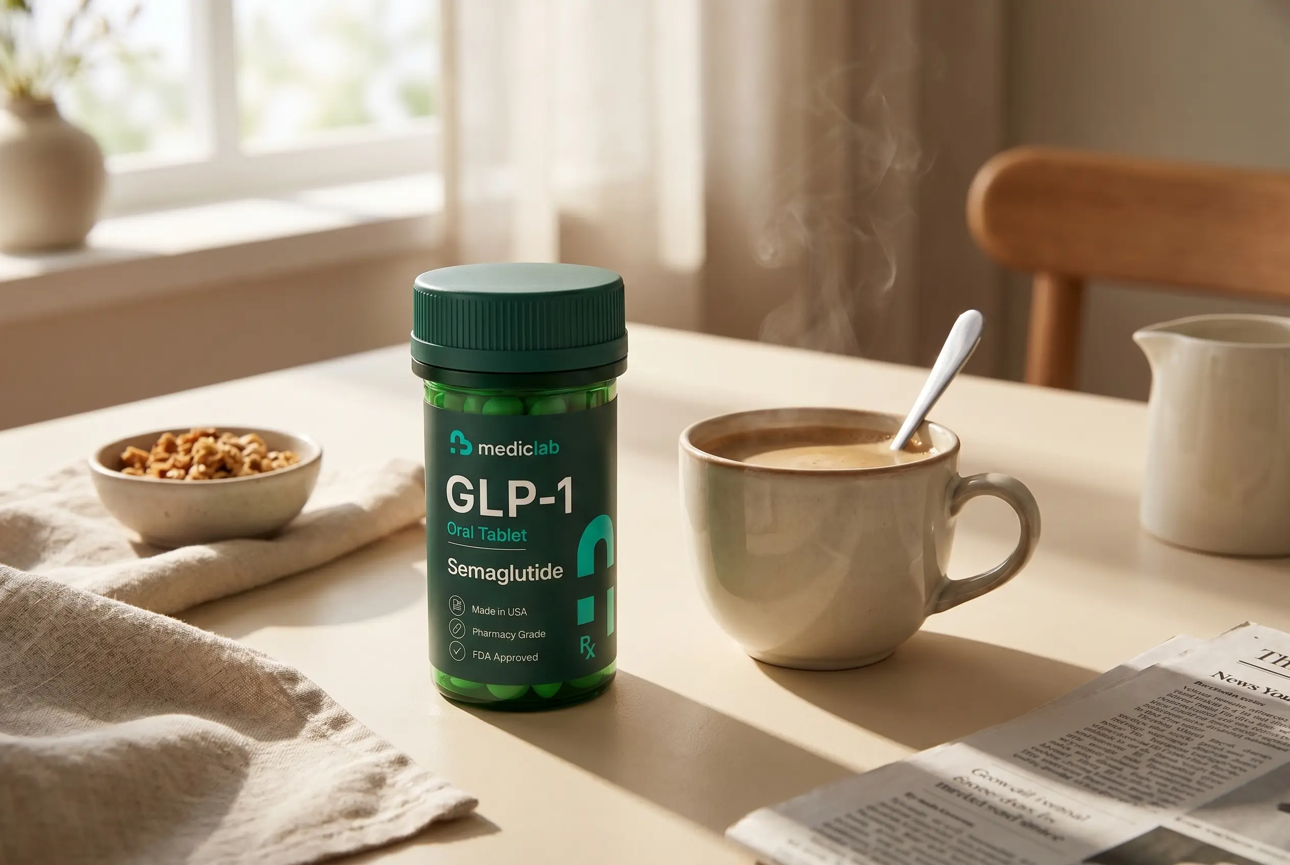 A MedicLab GLP-1 tablet bottle beside a morning coffee