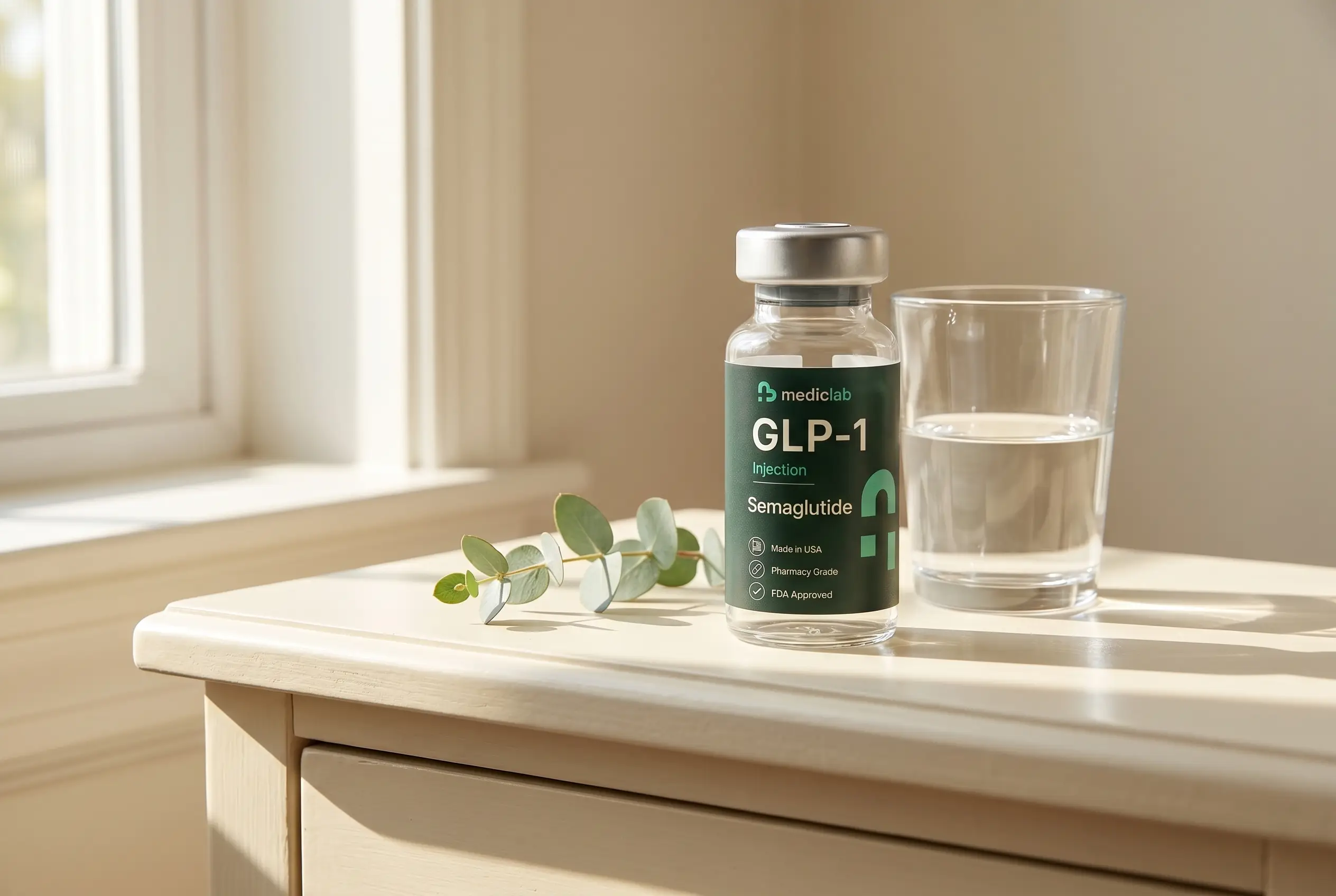MedicLab GLP-1 semaglutide vial on a sunlit nightstand