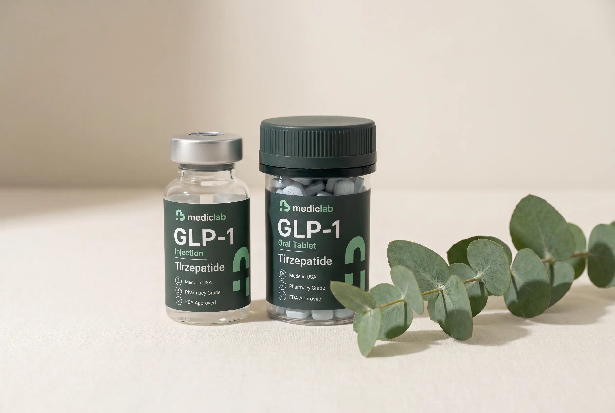 MedicLab GLP-1 tirzepatide injection vial and oral tablet bottle
