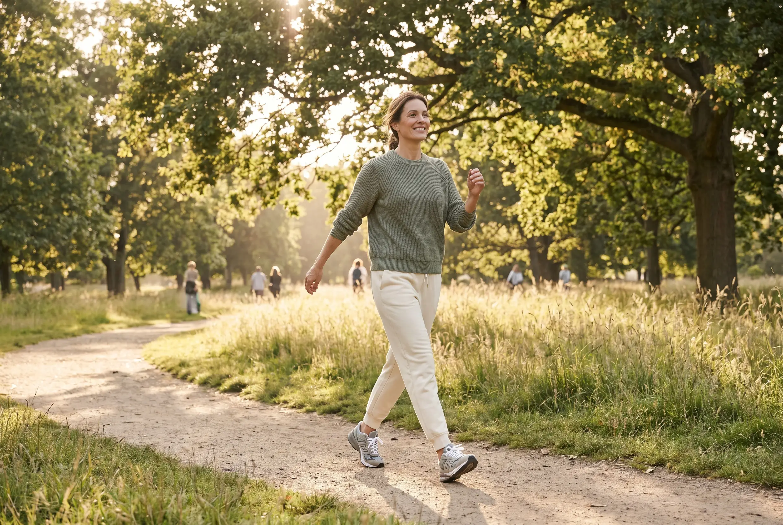A woman walking with energy in a park