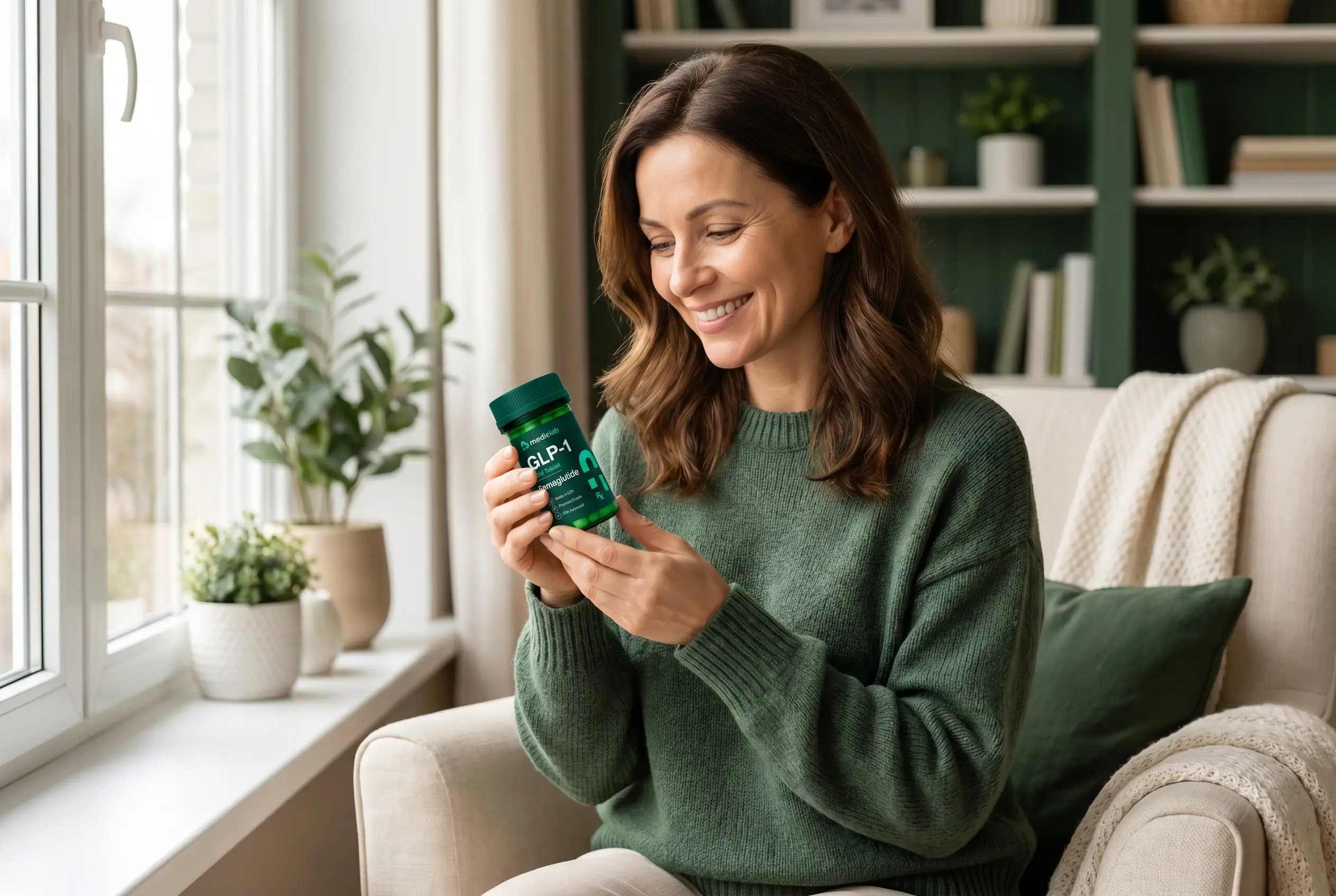A MedicLab patient holding her GLP-1 medication