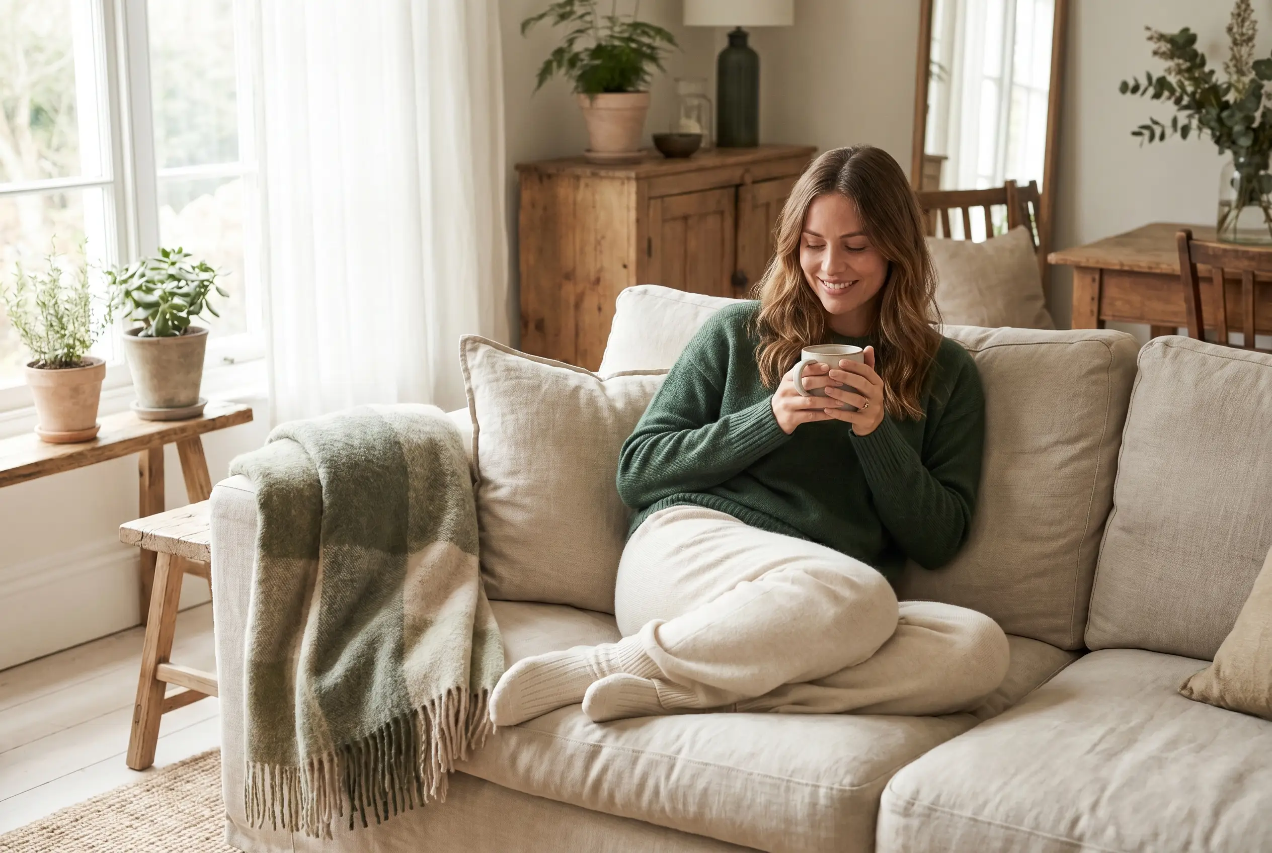 A woman comfortable at home with tea