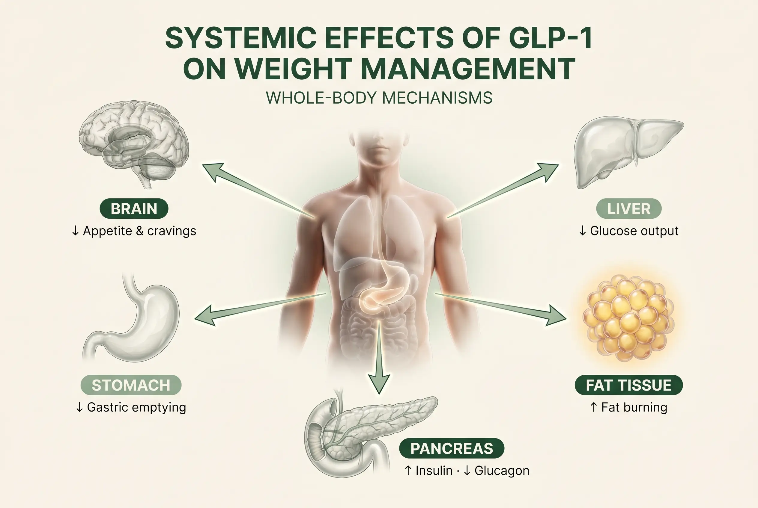 Systemic effects of GLP-1 on weight management: lower appetite and cravings in the brain, slower gastric emptying in the stomach, more insulin and less glucagon from the pancreas, increased fat burning in fat tissue, and lower glucose output from the liver