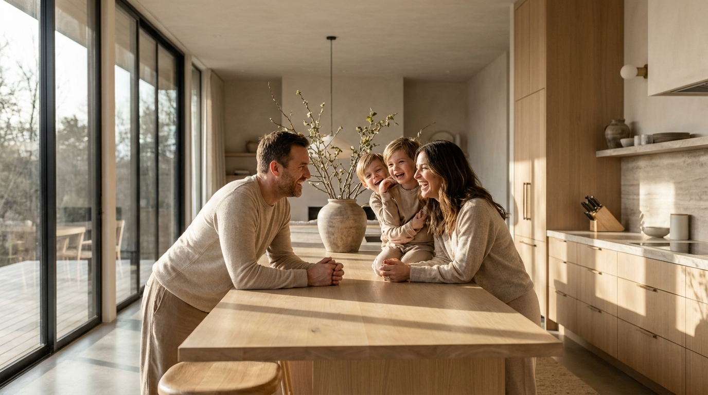 A happy family in a bright modern kitchen