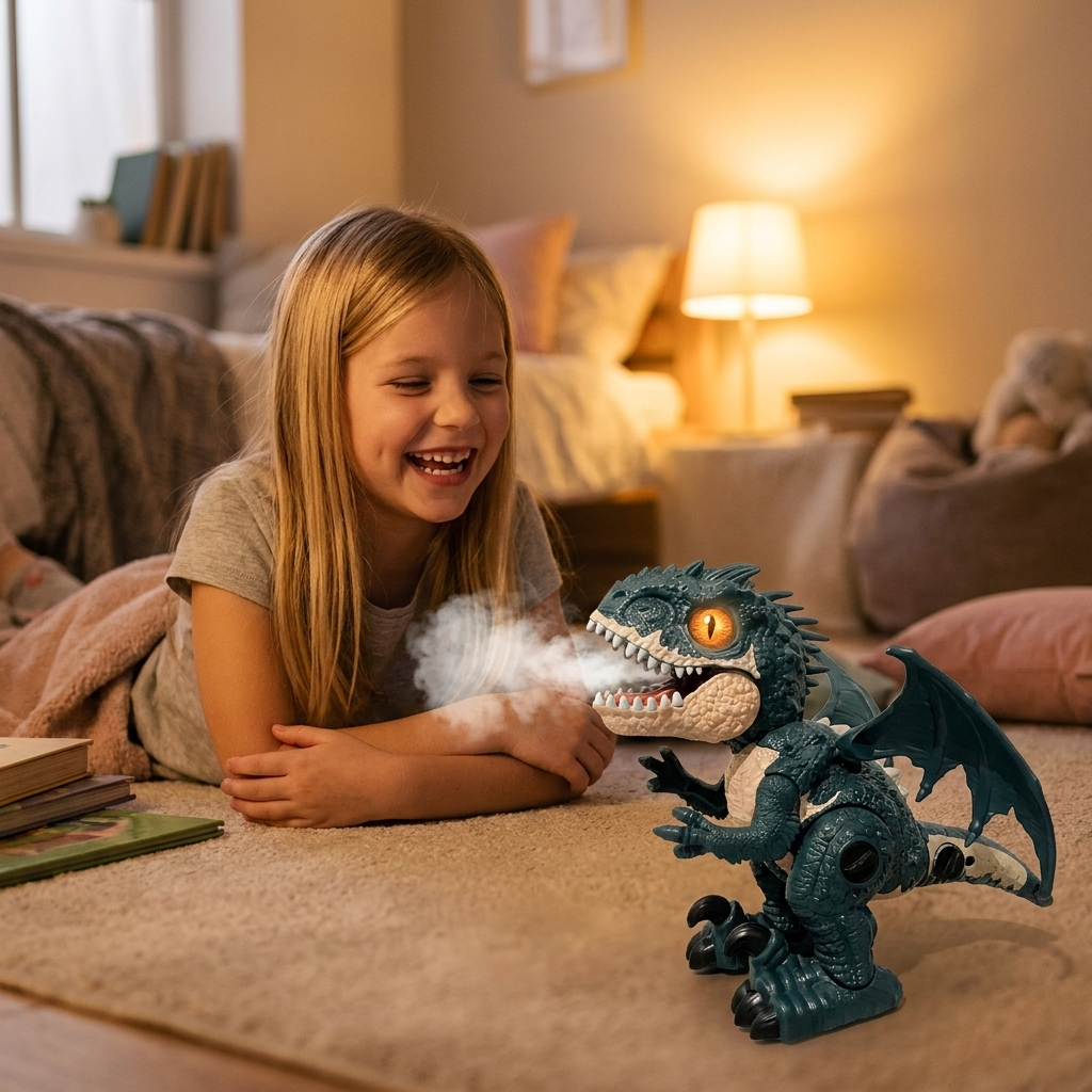 Devojčica se igra dinosaurusom u sobi