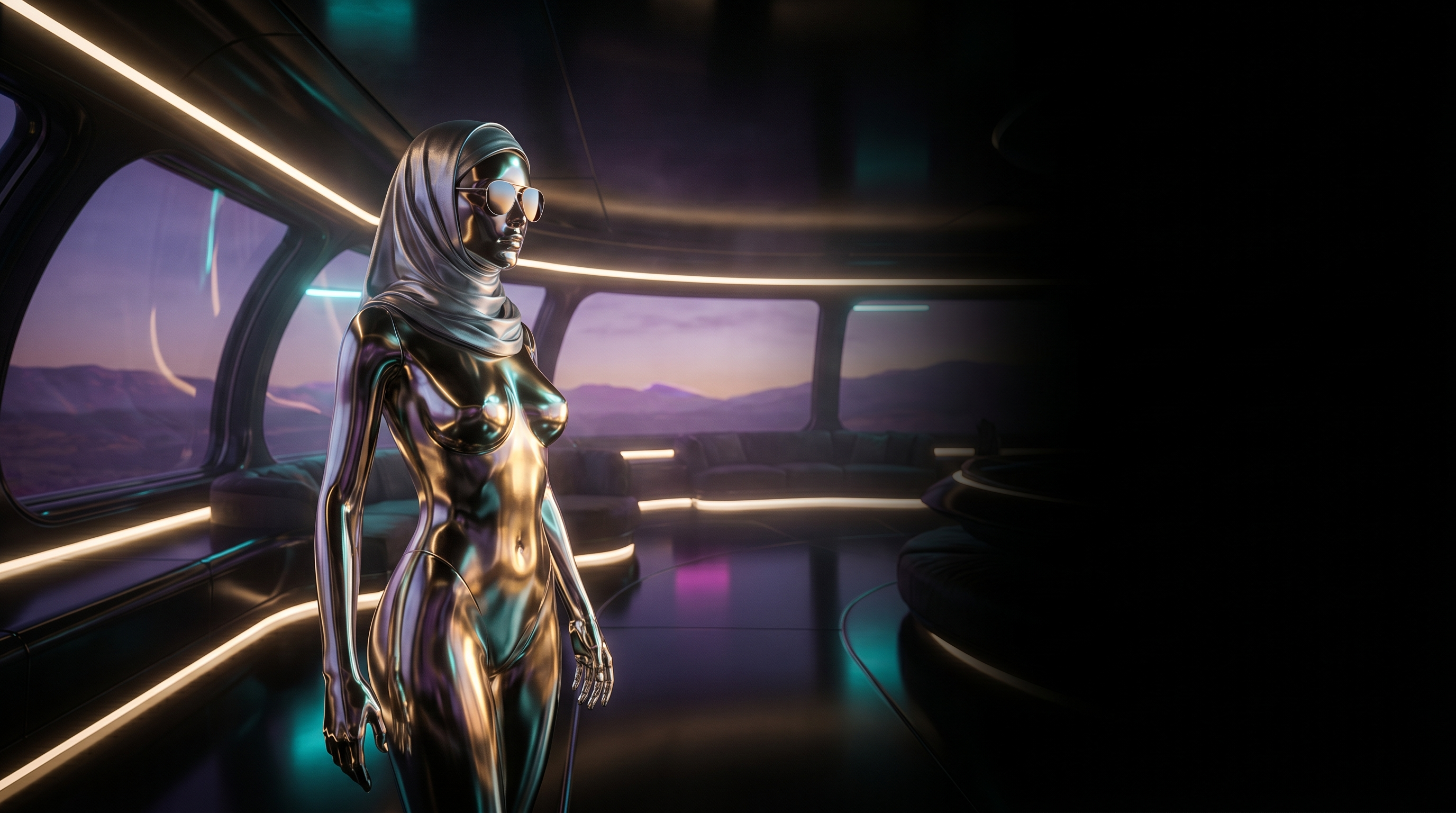 Futuristische gouden AI-figuur in een luxe ruimteschip-lounge