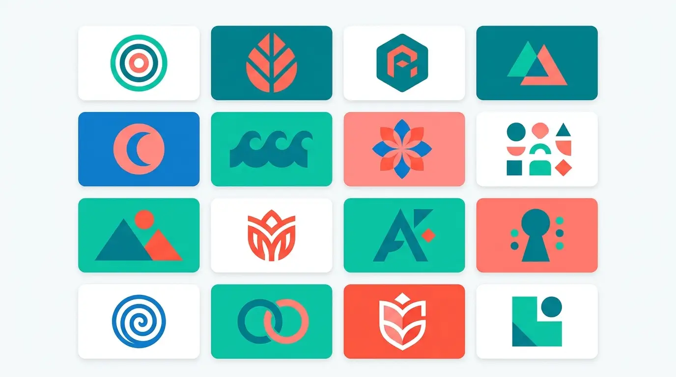 Design category cards showing logos and icons in teal and coral