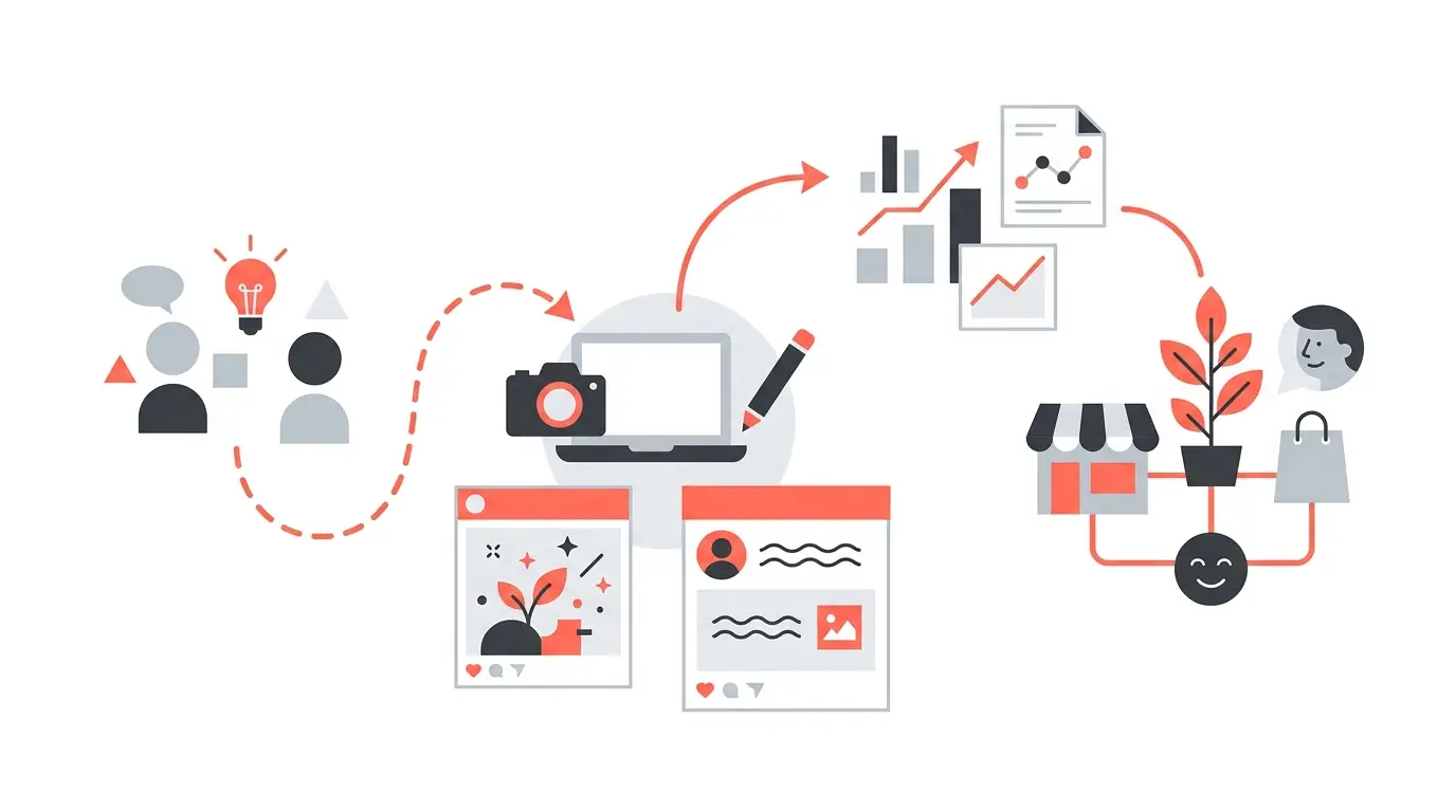 Abstract minimalist illustration of a small business marketing workflow