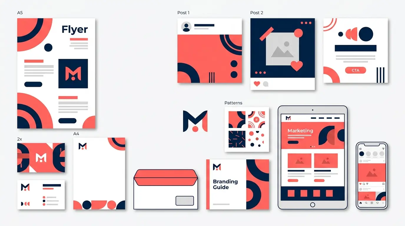 Minimalist flat design showing marketing materials including flyers and social posts