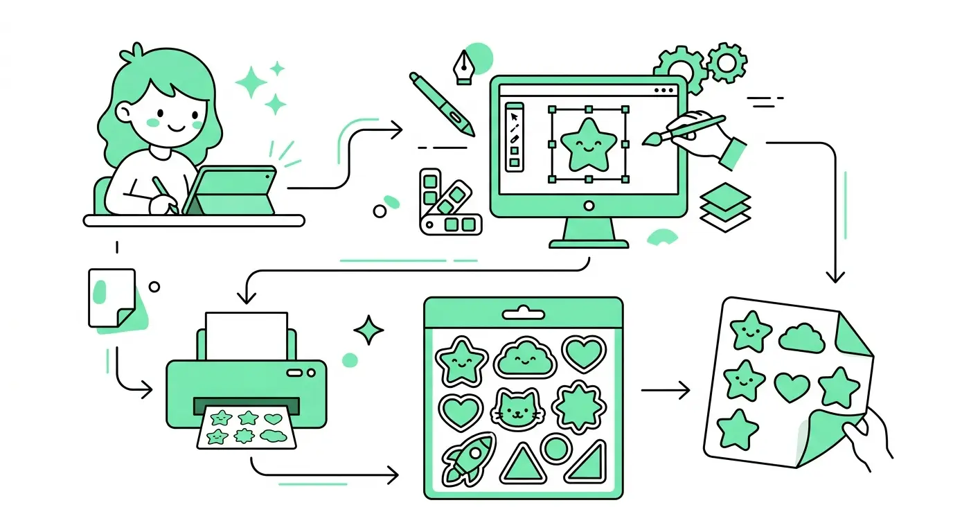 Abstract minimalist illustration of a sticker design creation workflow