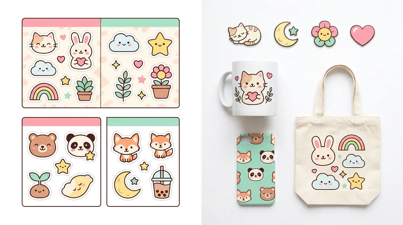 Minimalist flat design showing kawaii sticker sheet designs with cute POD product illustrations
