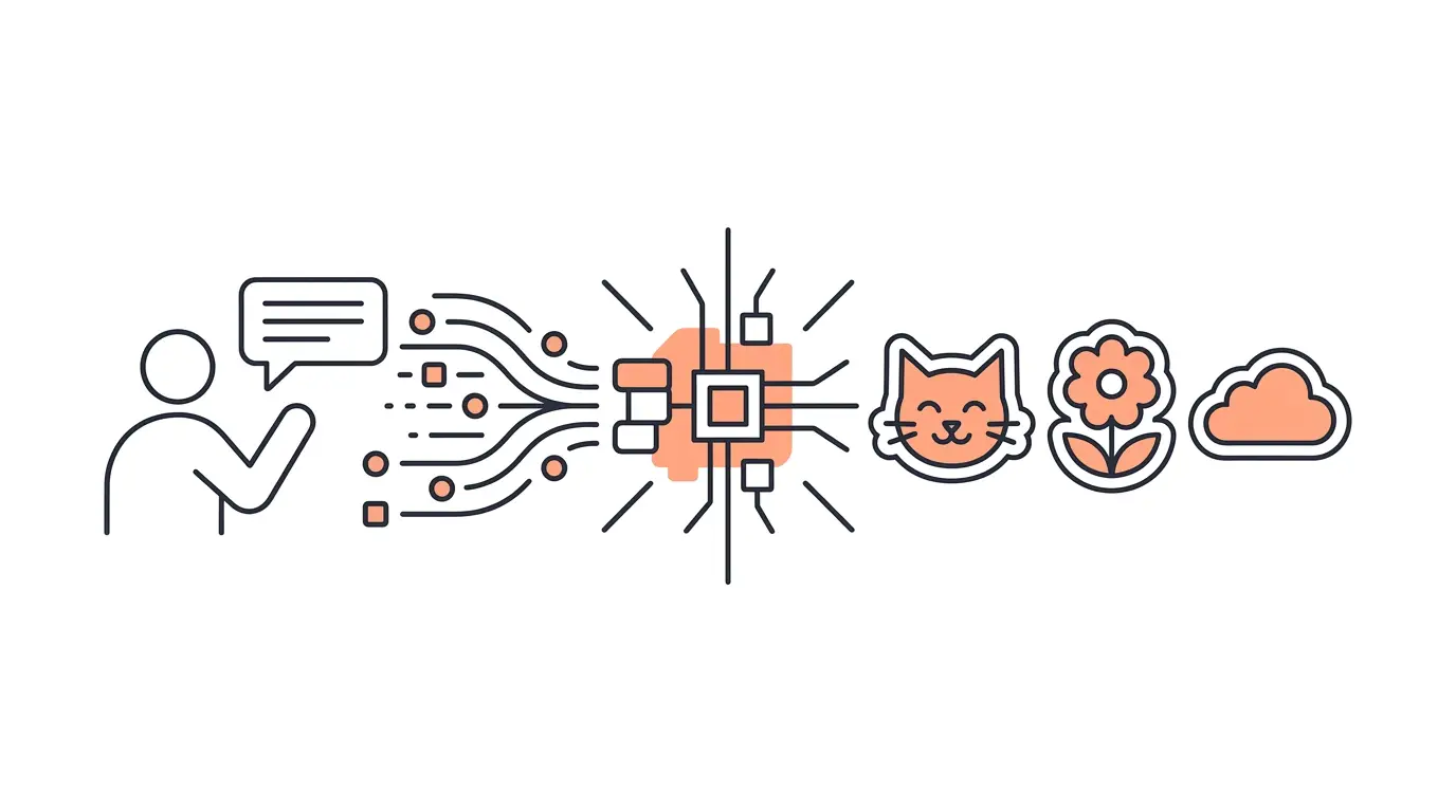 Abstract minimalist illustration of AI sticker prompting workflow with geometric shapes
