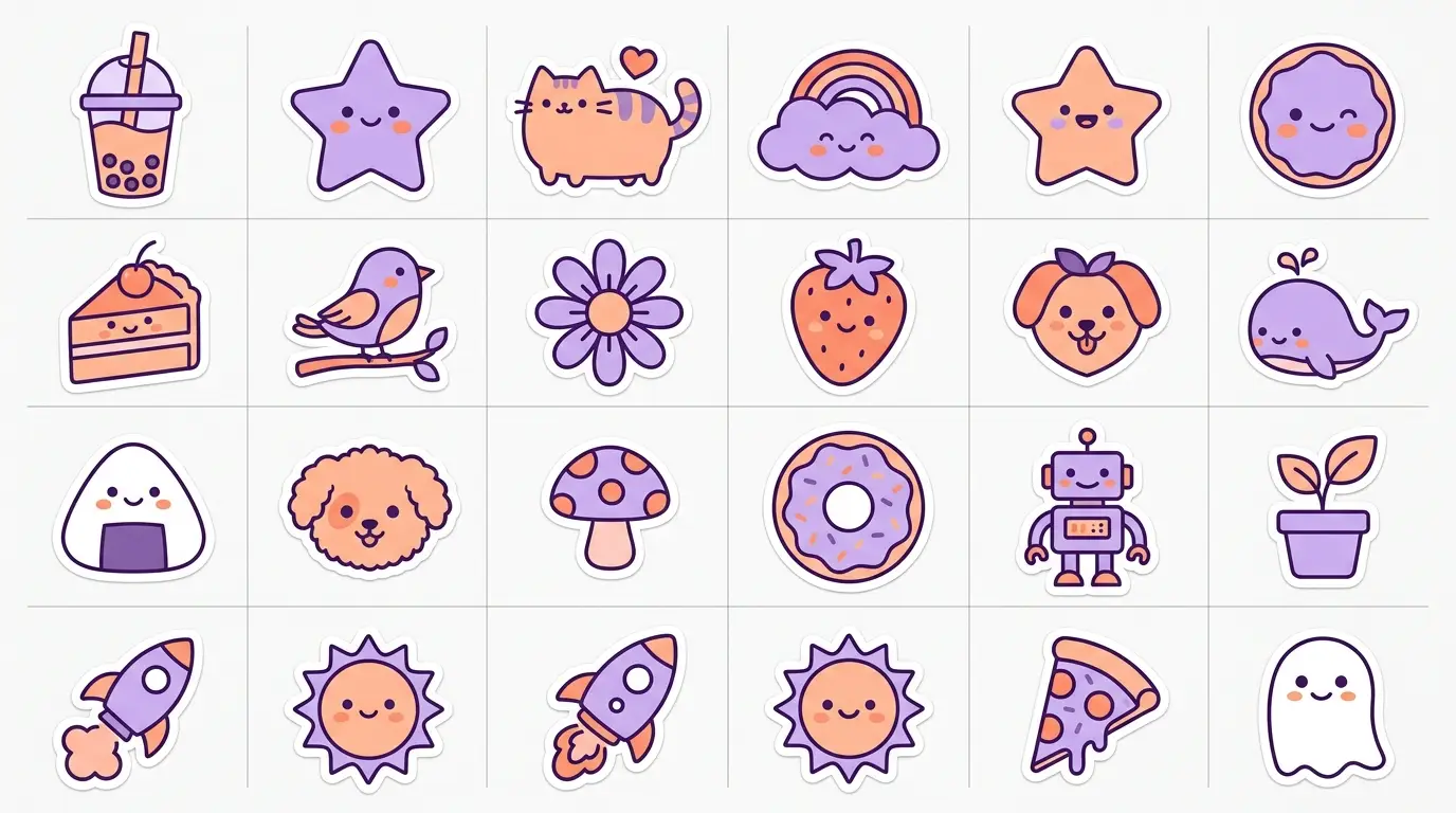 Minimalist flat design showing print-ready sticker icons and kawaii illustrations in an editorial grid