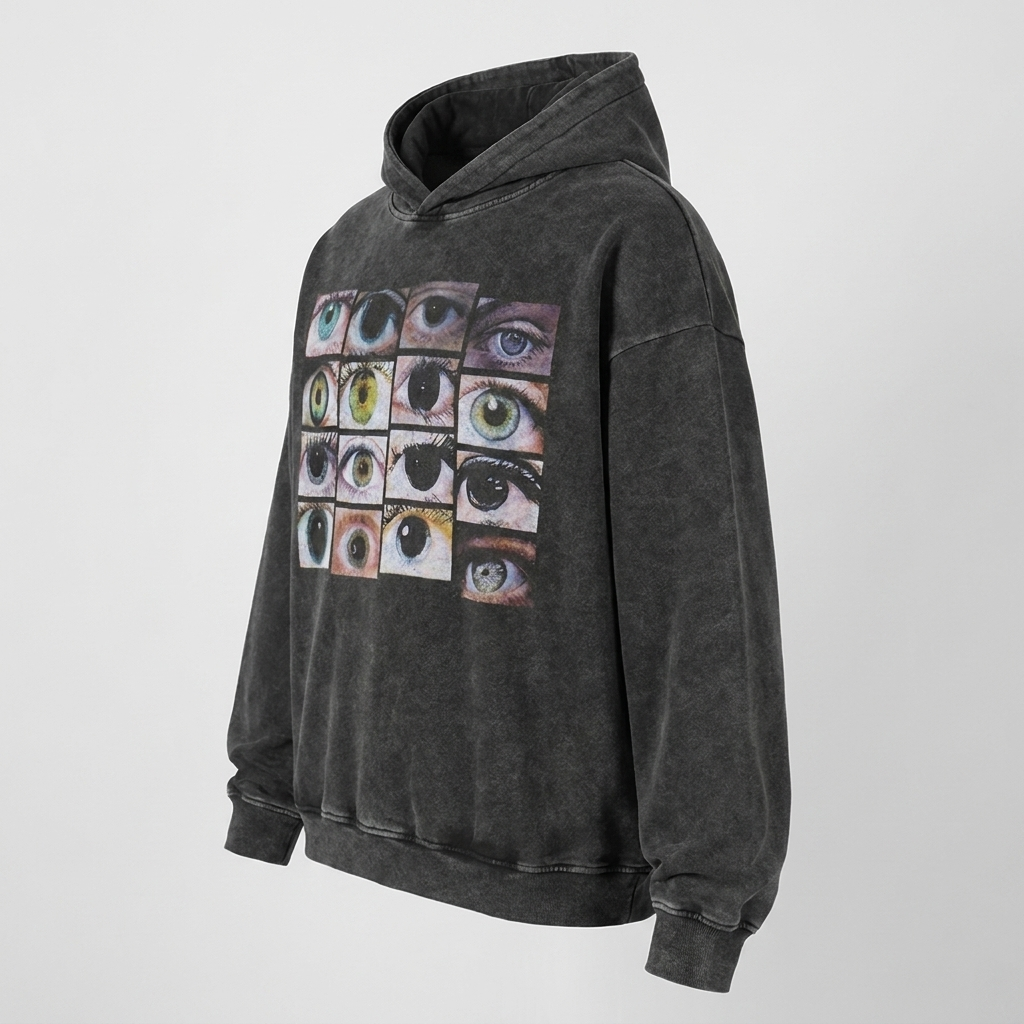 Men's Oversized Eye World Graphic Hoodie - angled detail view
