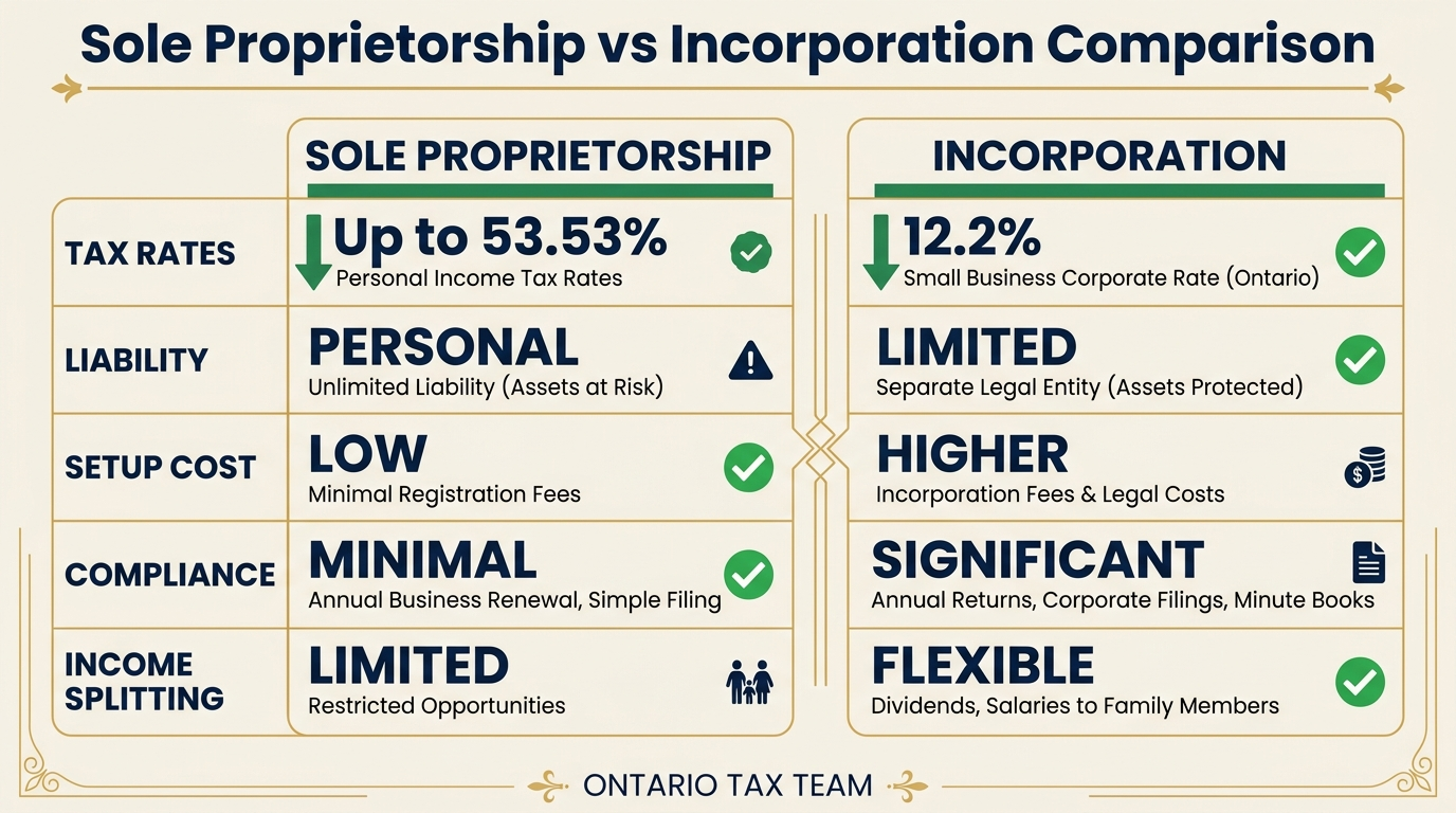 Sole proprietorship vs incorporation comparison table covering tax rates, liability, setup cost, compliance, and income splitting in Ontario