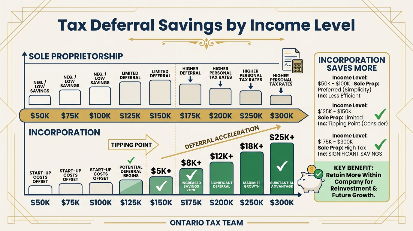 Tax deferral savings by income level in Ontario 2026 showing when incorporation saves more than sole proprietorship from $50K to $300K