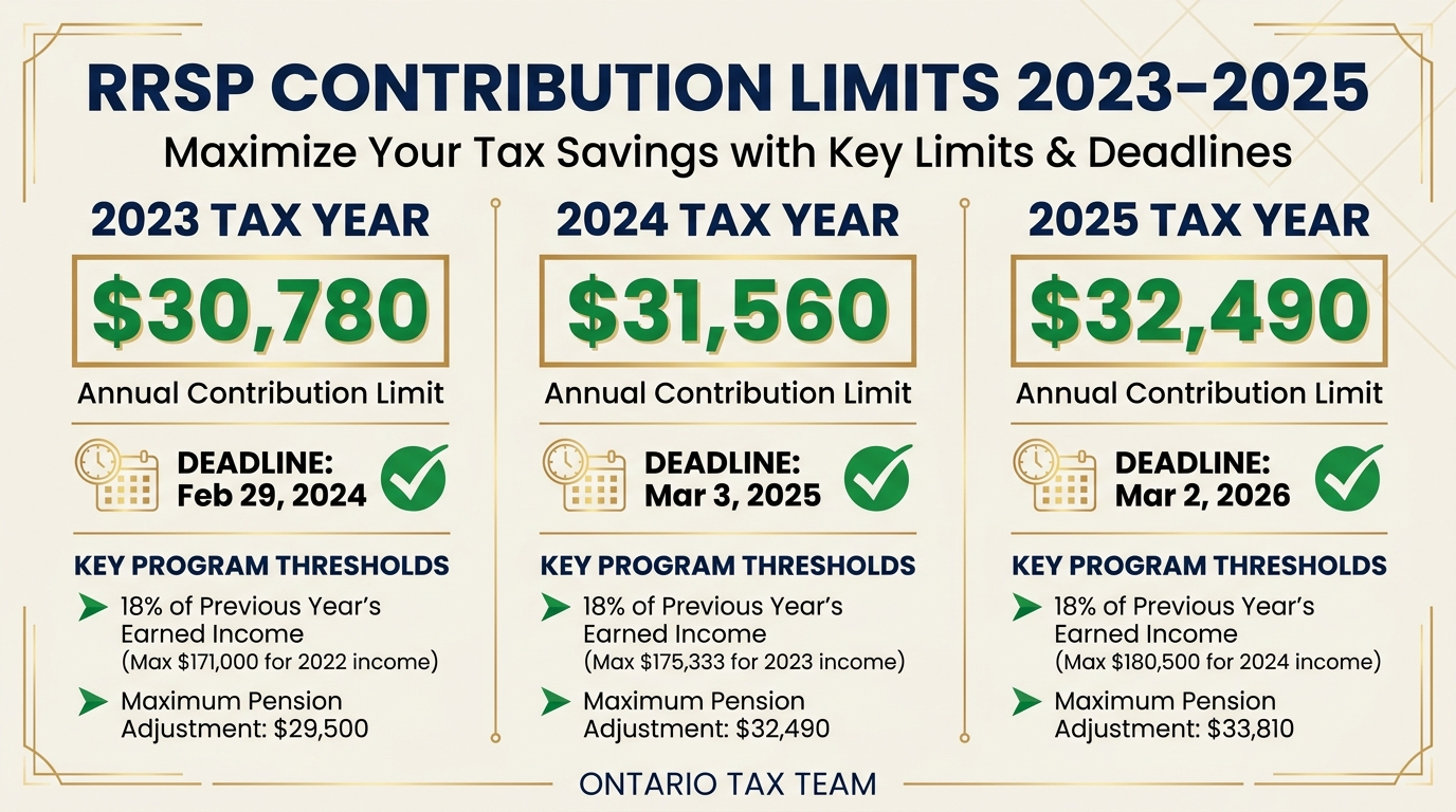 RRSP contribution limits for 2023 to 2025 tax years showing annual maximums, deadlines, and key program thresholds