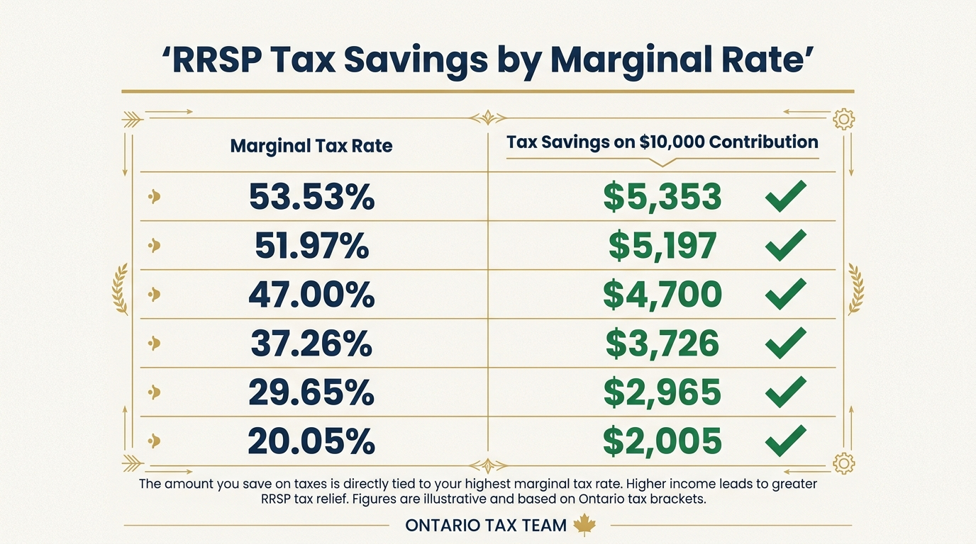 RRSP tax savings table showing how much a $10,000 contribution saves at each Ontario marginal tax rate
