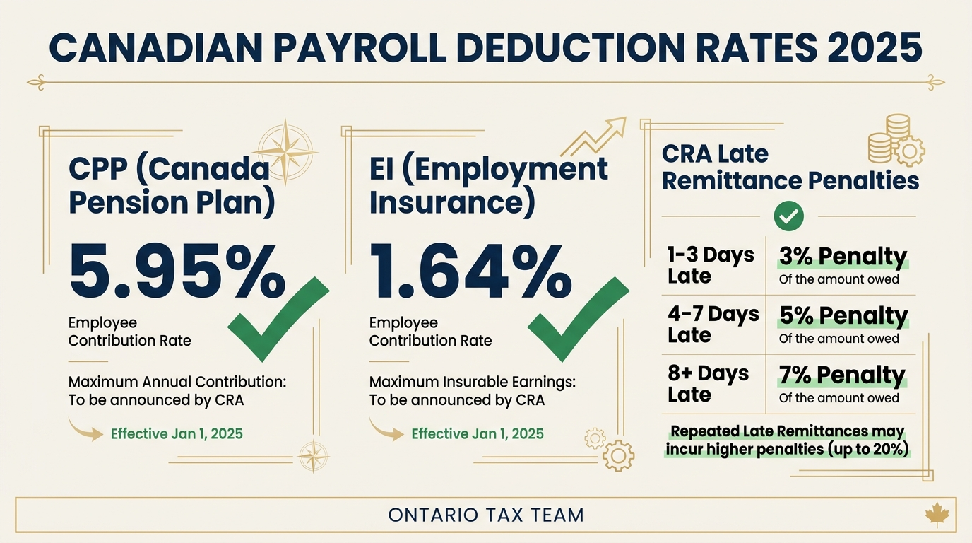2025 Canadian payroll deduction rates for CPP at 5.95 percent EI at 1.64 percent and CRA late remittance penalties