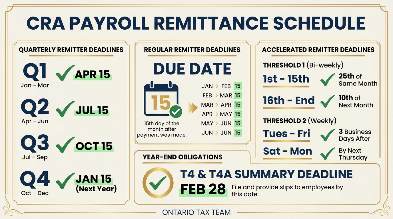 CRA payroll remittance schedule showing quarterly regular and accelerated remitter deadlines and year-end obligations