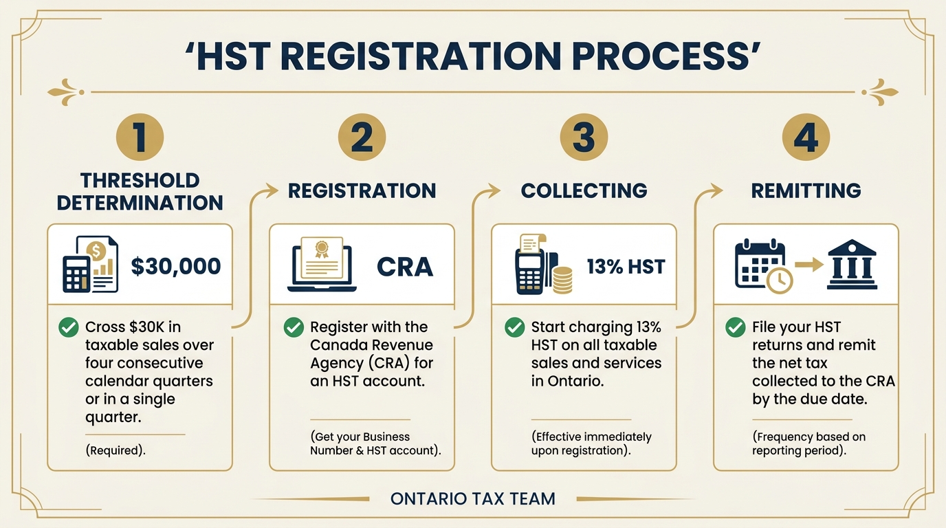 Four-step HST registration process for Ontario businesses from threshold determination to collecting and remitting