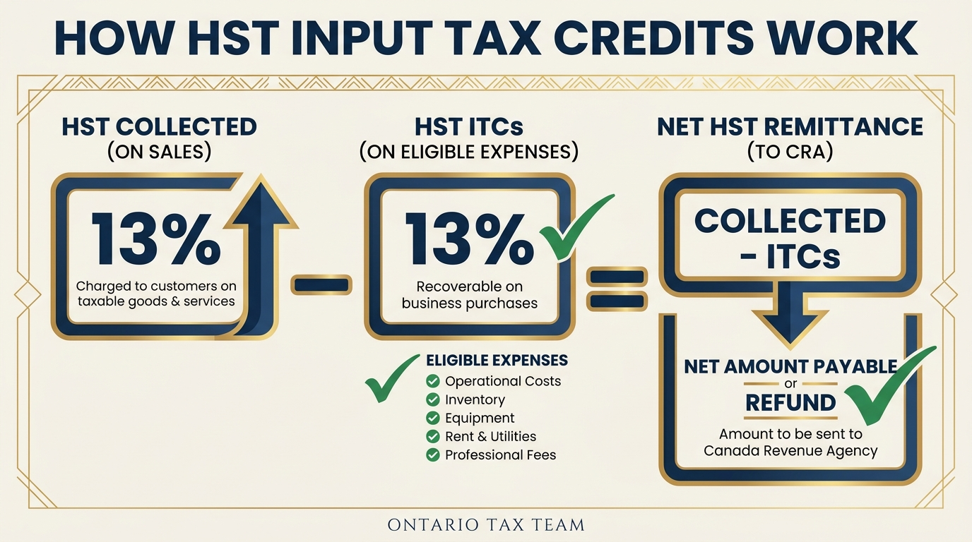 How HST input tax credits work in Ontario showing collected minus ITCs equals net remittance with eligible expenses