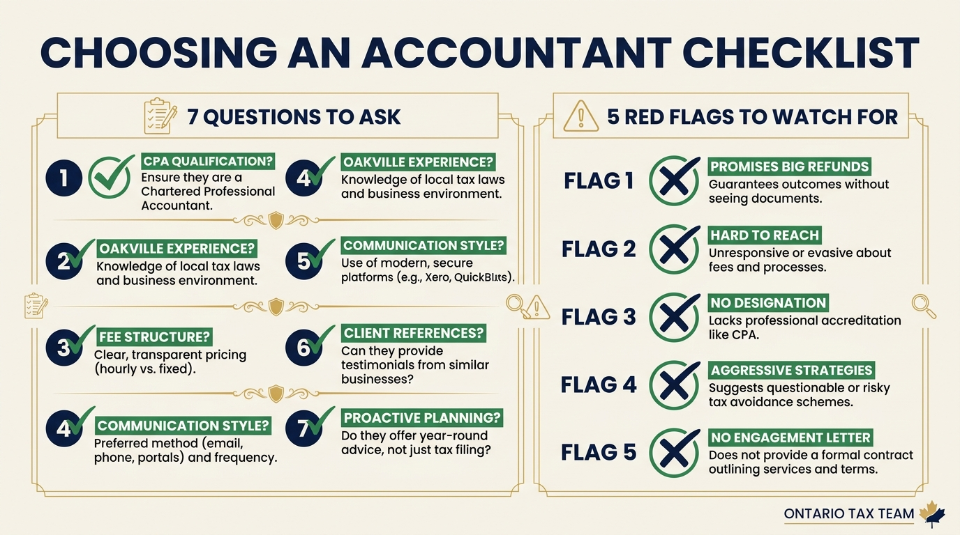 Checklist of seven questions to ask a prospective accountant in Oakville plus five red flags to watch for
